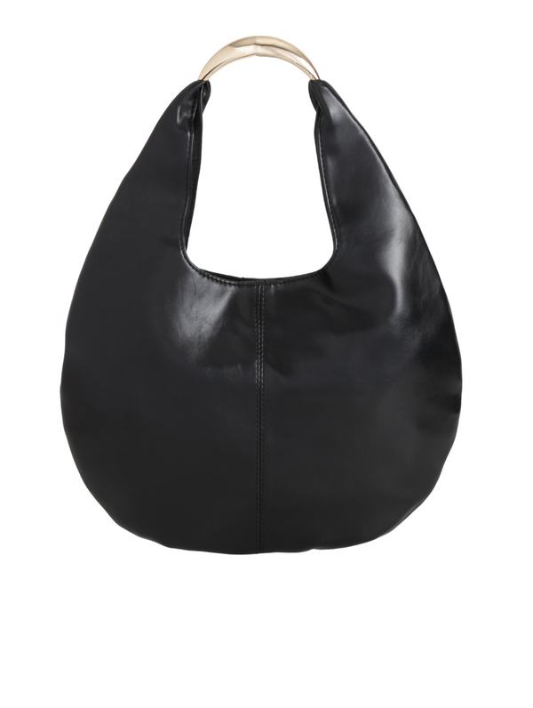 Black Faux Leather Crescent Hobo Bag with Metallic Top Handle