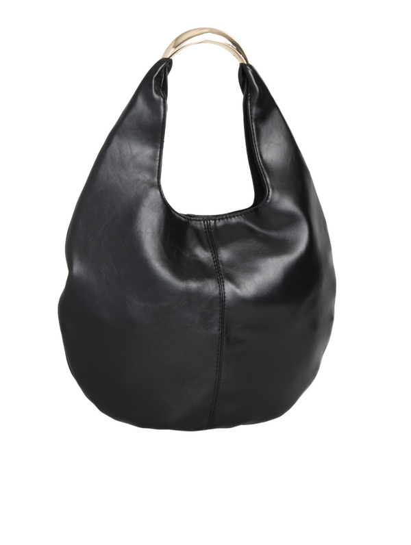 Black Faux Leather Crescent Hobo Bag with Metallic Top Handle
