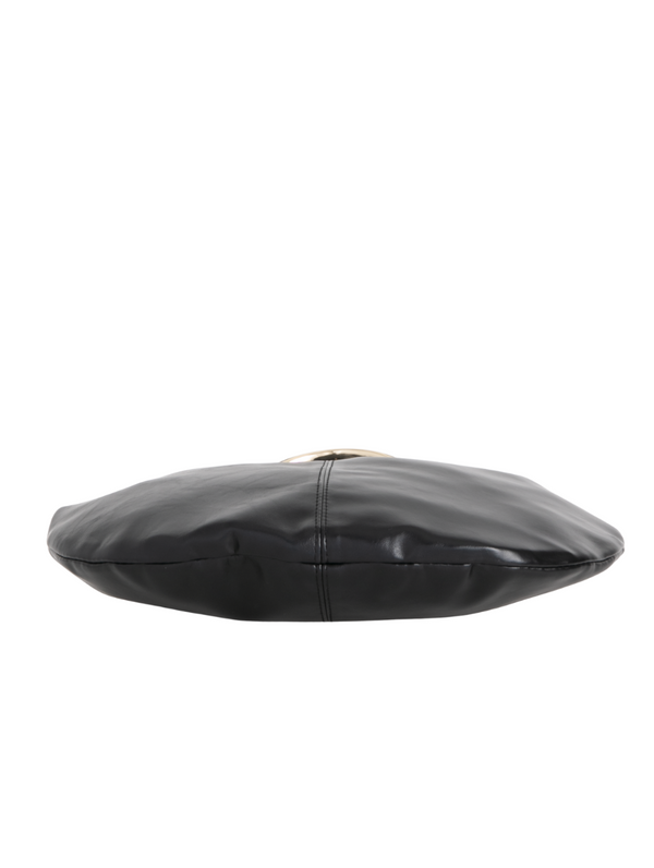 Black Faux Leather Crescent Hobo Bag with Metallic Top Handle