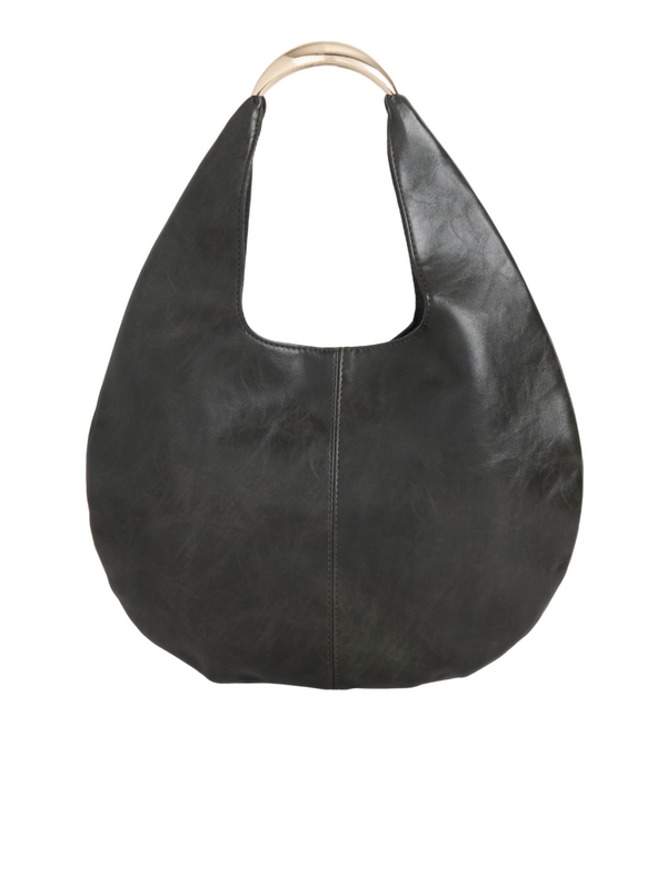 dark Olive Green Faux Leather Crescent Hobo Bag with Metallic Top Handle