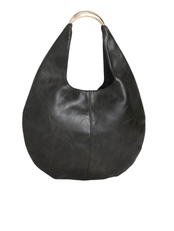 Olive Green Faux Leather Crescent Hobo Bag with Metallic Top Handle