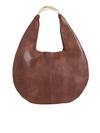 Tanned Brown Faux Leather Crescent Hobo Bag with Metallic Top Handle