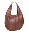 Tanned Brown Faux Leather Crescent Hobo Bag with Metallic Top Handle