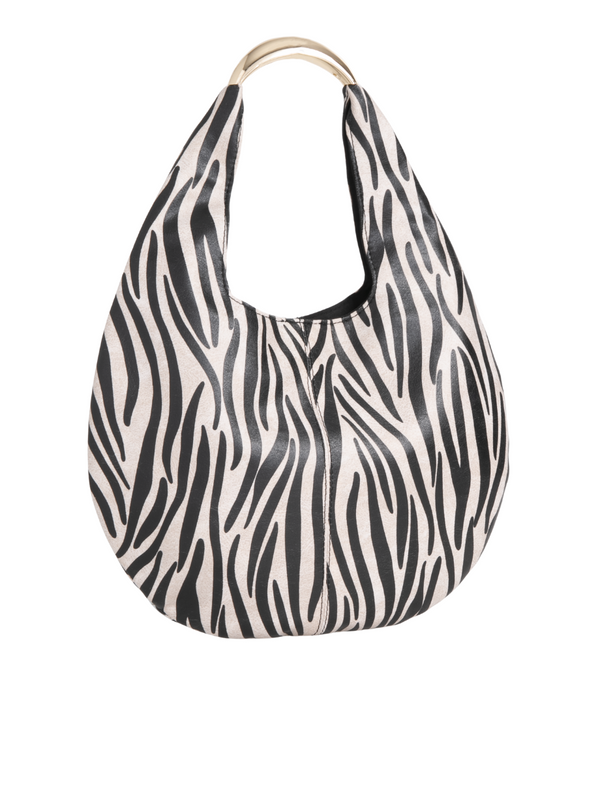 Zebra Print Faux Leather Crescent Hobo Bag with Metallic Top Handle