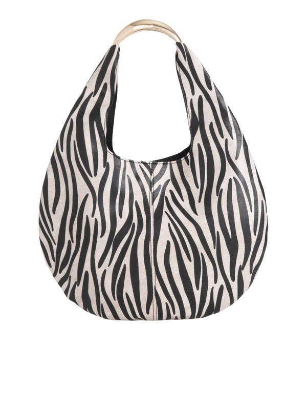 Zebra Print Faux Leather Crescent Hobo Bag with Metallic Top Handle