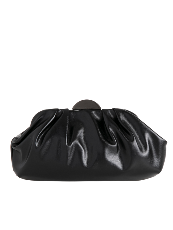 Metallic Black Ruched Faux Leather Clutch Bag