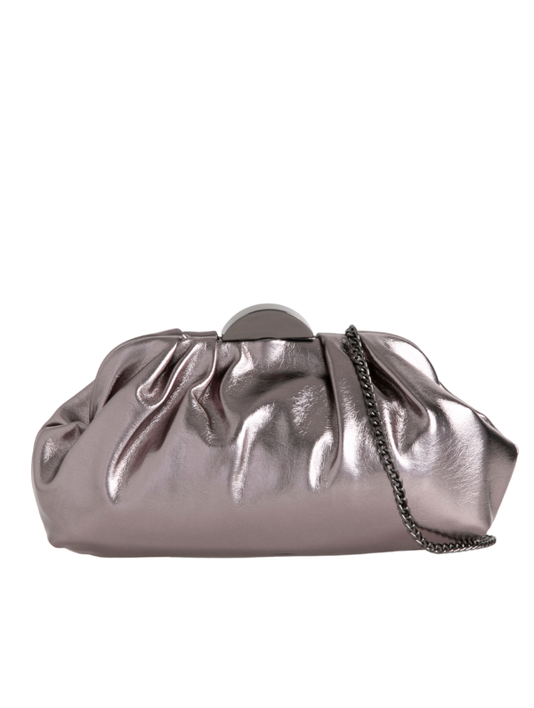 Metallic Pewter Ruched Faux Leather Clutch Bag