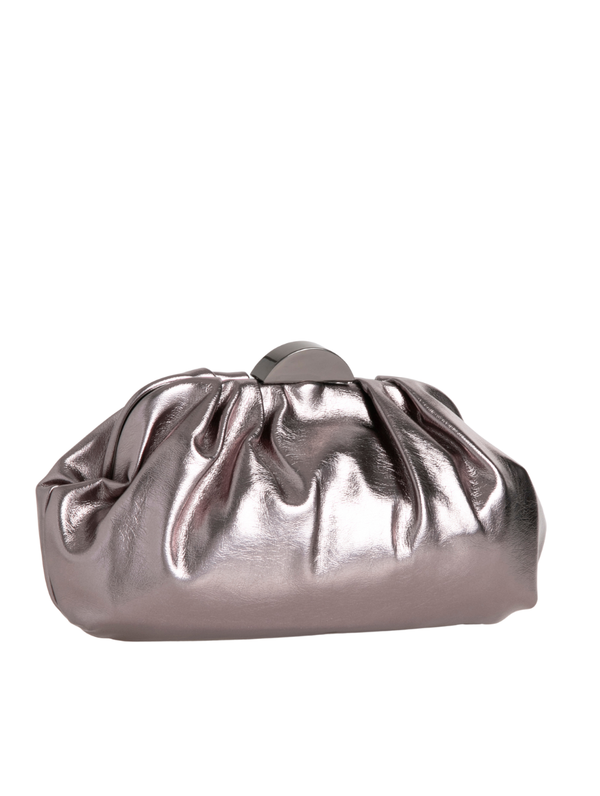Metallic Pewter Ruched Faux Leather Clutch Bag