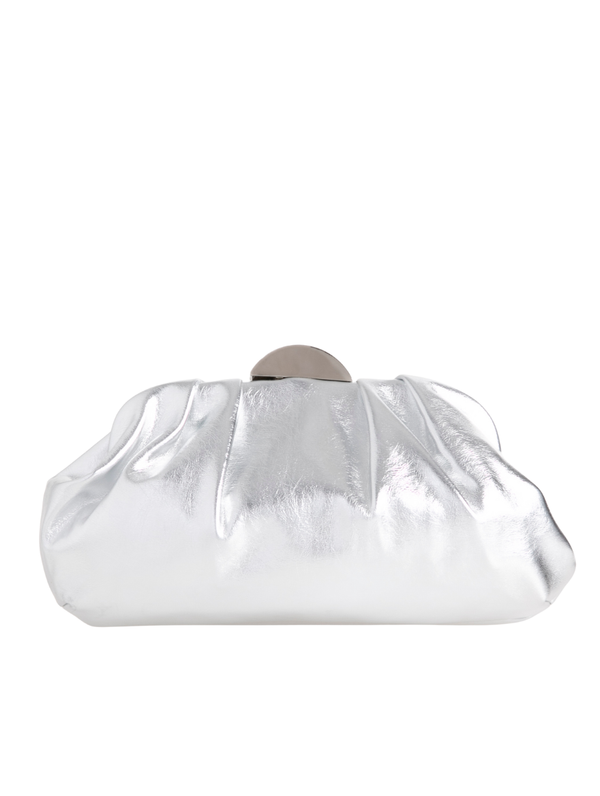 Metallic Silver Ruched Faux Leather Clutch Bag