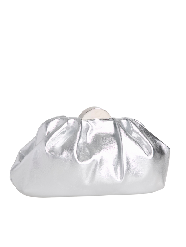 Metallic Silver Ruched Faux Leather Clutch Bag