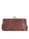 Brown Oversized Faux Leather Kiss Lock Clutch Bag