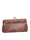 Brown Oversized Faux Leather Kiss Lock Clutch Bag