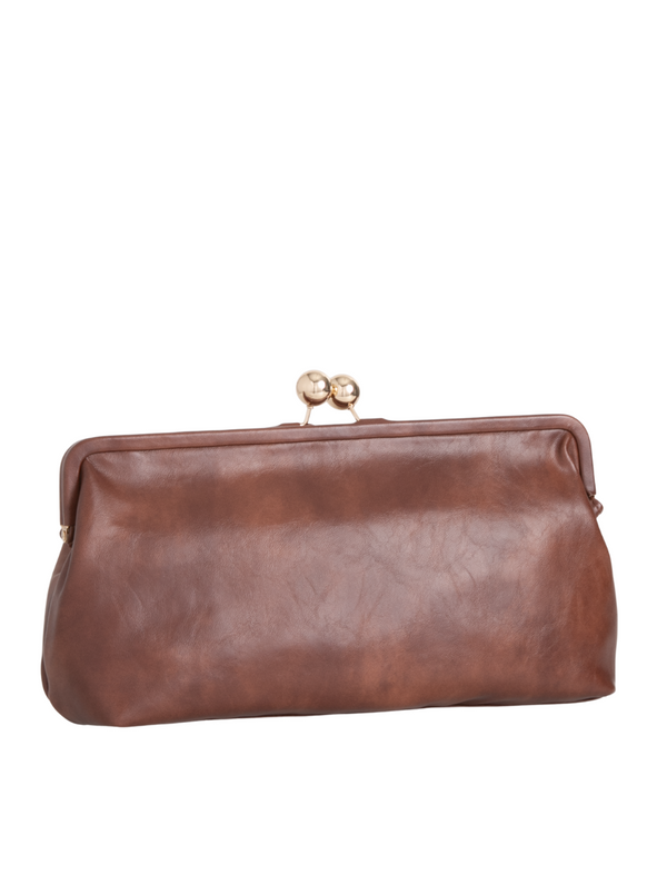 Brown Oversized Faux Leather Kiss Lock Clutch Bag