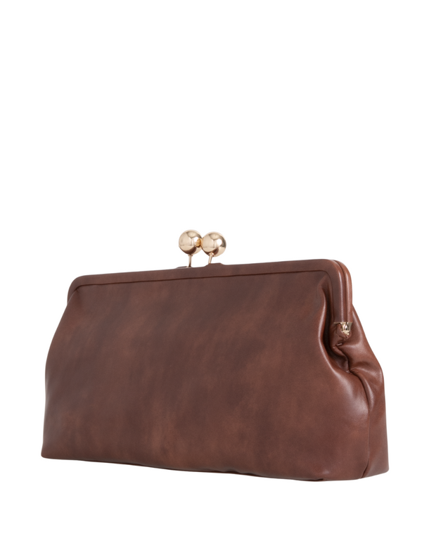 Brown Oversized Faux Leather Kiss Lock Clutch Bag