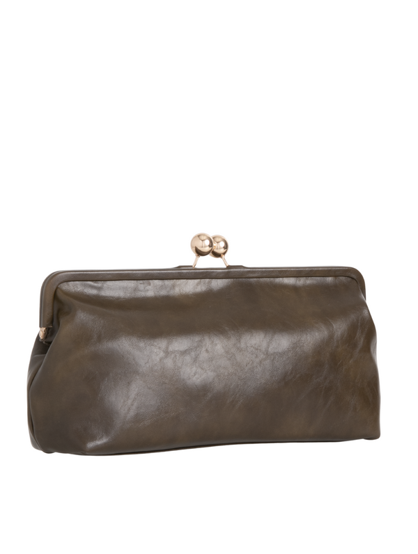 Olive Green Oversized Faux Leather Kiss Lock Clutch Bag