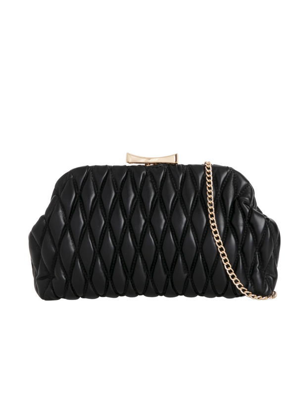 Black Quilted Faux Leather Clutch Bag with Bow Detail with gold chain