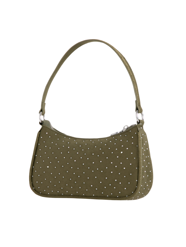 Olive Green Satin Diamante Embellished Mini Shoulder Bag