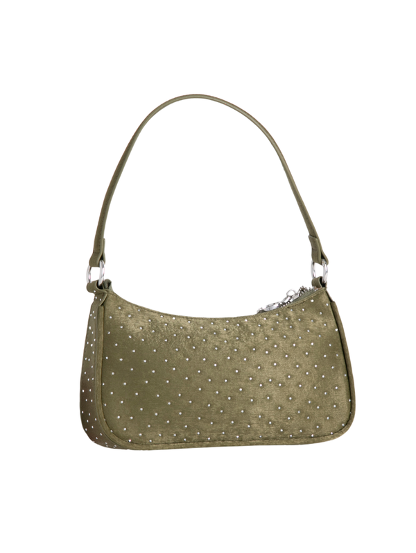 Olive Green Satin Diamante Embellished Mini Shoulder Bag