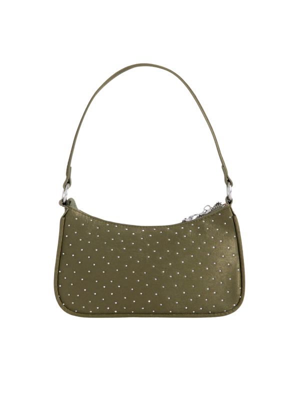 Olive Green Satin Diamante Embellished Mini Shoulder Bag