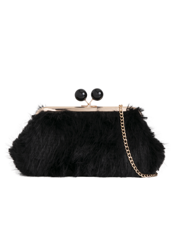 Black Fluffy Faux Fur Kiss Lock Clutch Bag