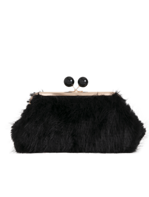 Black Fluffy Faux Fur Kiss Lock Clutch Bag