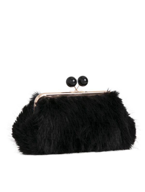 Black Fluffy Faux Fur Kiss Lock Clutch Bag