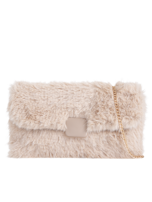 fluffy Beige Faux Fur Foldover Clutch Bag