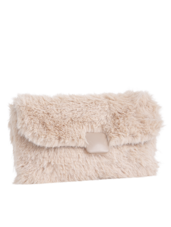 Beige Faux Fur Foldover Clutch Bag