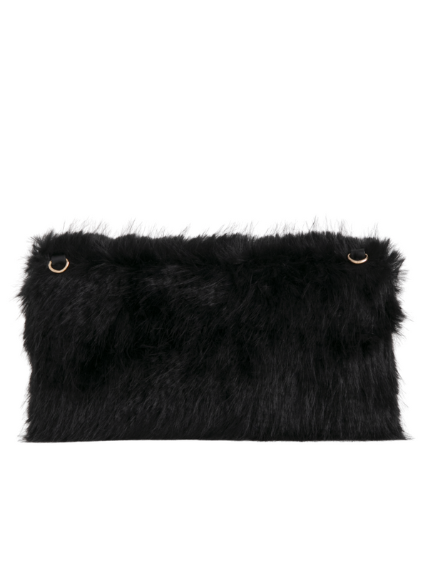 Black Faux Fur Foldover Clutch Bag