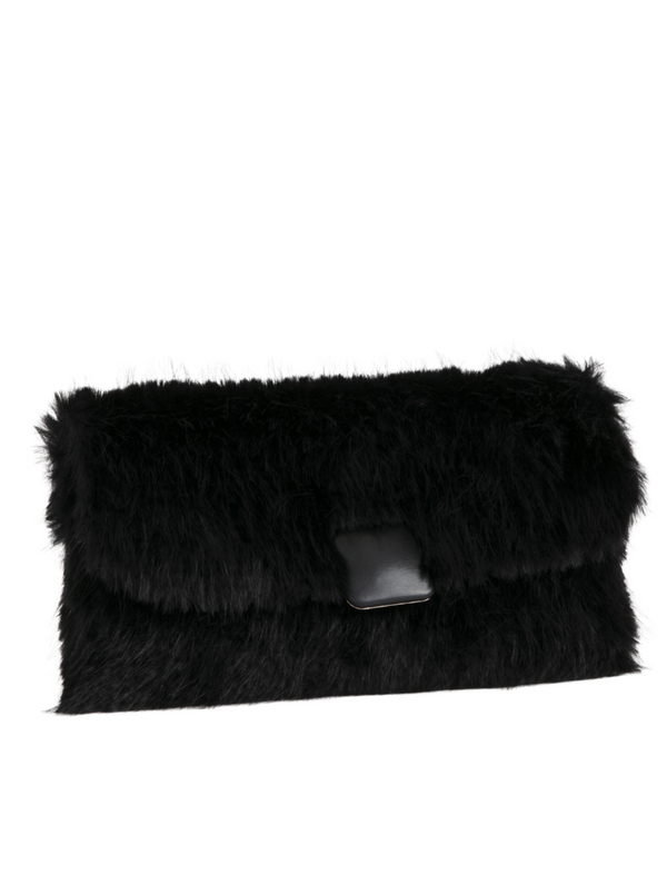 Black Faux Fur Foldover Clutch Bag