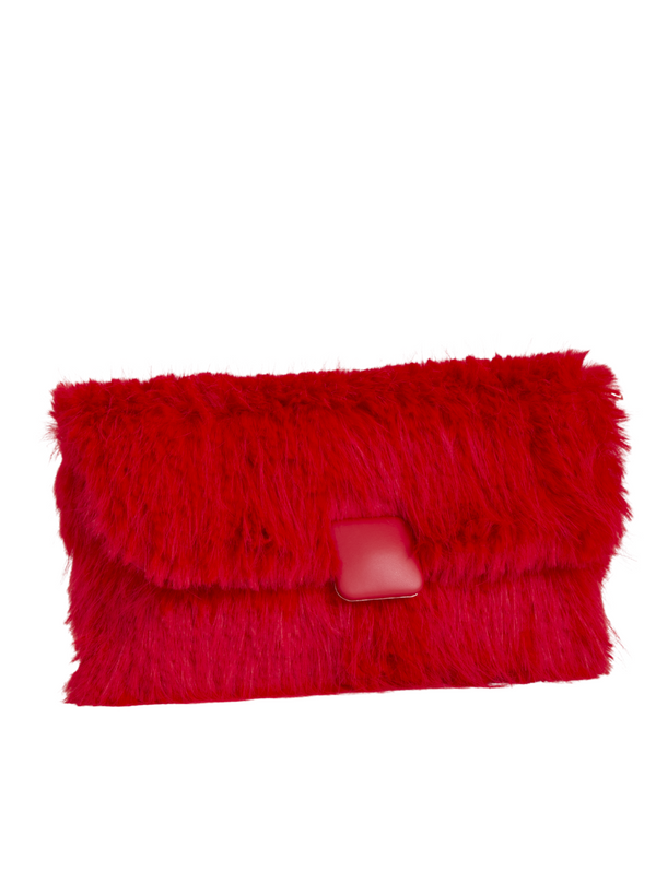 Red Faux Fur Foldover Clutch Bag