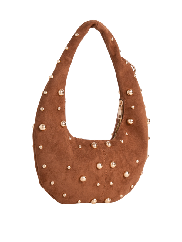 Brown Suedette Studded Half Moon Bag