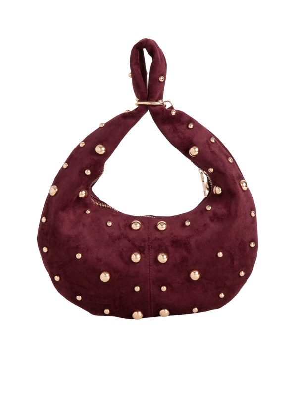 Cherry Red Suedette Studded Half Moon Bag Burgundy Handbag with handle pushed through the hoop