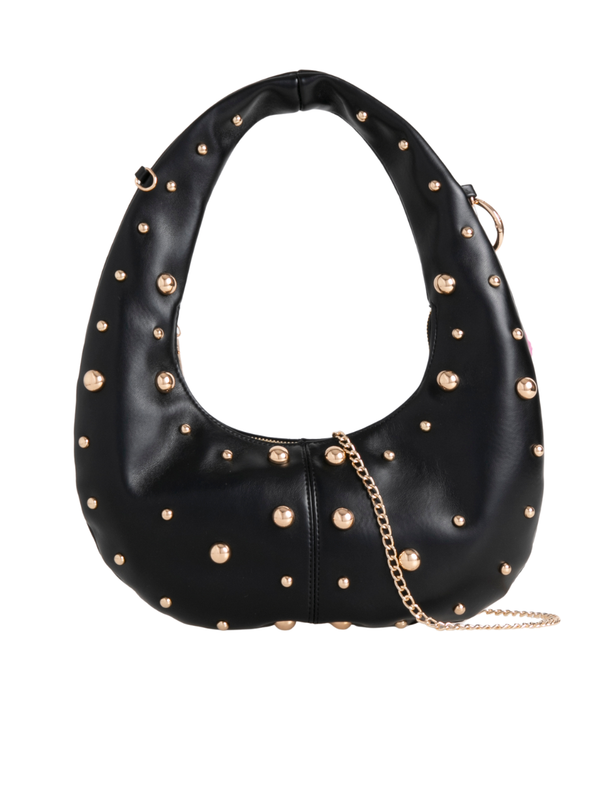 Black Studded Faux Leather Crescent Shoulder Bag