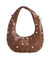 Coffee Brown Studded Faux Leather Crescent Shoulder Bag