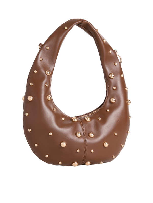 Coffee Brown Studded Faux Leather Crescent Shoulder Bag