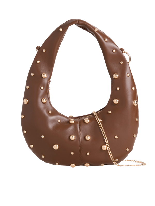 Coffee Brown Studded Faux Leather Crescent Shoulder Bag