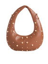 Studded Tan Faux Leather Crescent Shoulder Bag