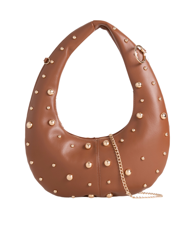 Studded Tan Faux Leather Crescent Shoulder Bag