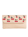 Beige Woven Faux Straw Foldover Clutch with Embroidered Cherry Print