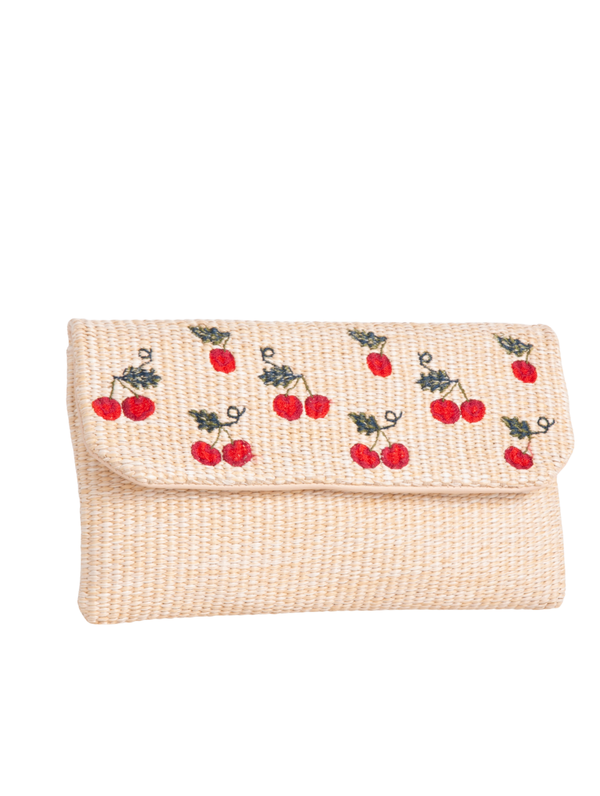Beige Woven Faux Straw Foldover Clutch with Embroidered Cherry Print