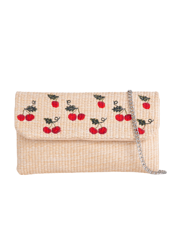 Beige Woven Faux Straw Foldover Clutch with Embroidered Cherry Print