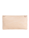 Beige Woven Faux Straw Foldover Clutch with Embroidered Cherry Print