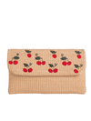 Camel Brown Woven Faux Straw Foldover Clutch with Embroidered Cherry Print