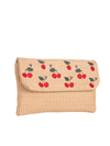 Camel Woven Faux Straw Foldover Clutch with Embroidered Cherry Print