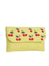 Green Woven Faux Straw Foldover Clutch with Embroidered Cherry Print