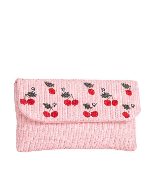 Pink Woven Faux Straw Foldover Clutch with Embroidered Cherry Print