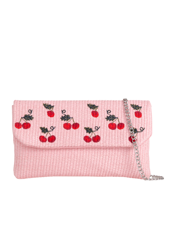 Pink Woven Faux Straw Foldover Clutch with Embroidered Cherry Print