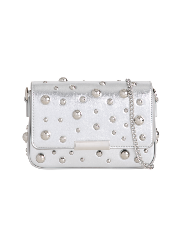 Small Studded Silver Faux Leather Shoulder Bag