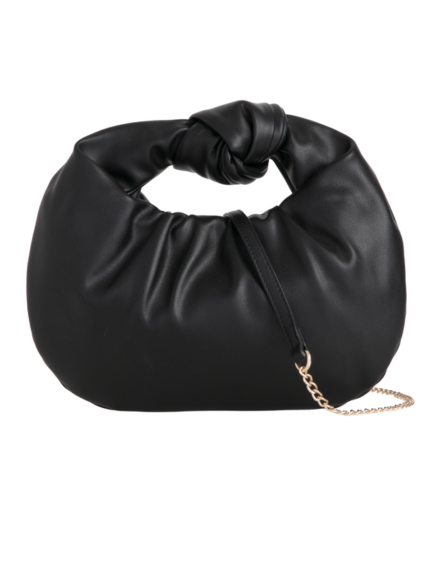 Black Faux Leather Knot Handle Grab Bag with detachable Strap